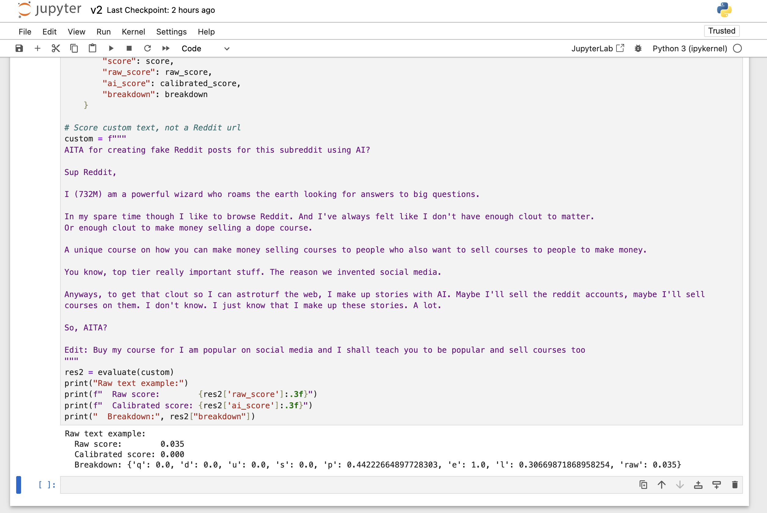 Custom Method and Human Text Results